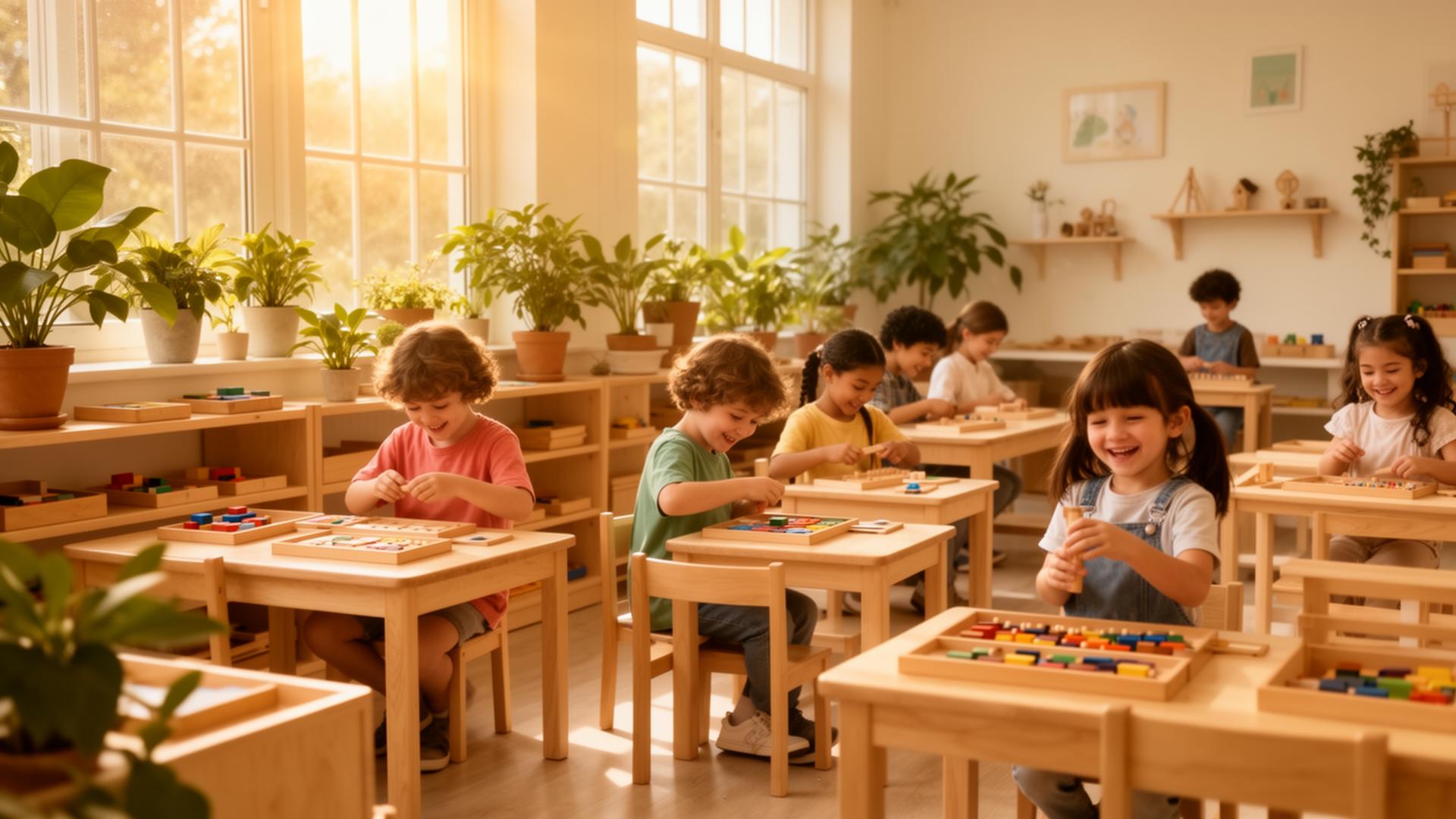 Enfants en activité dans un environnement Montessori inspirant